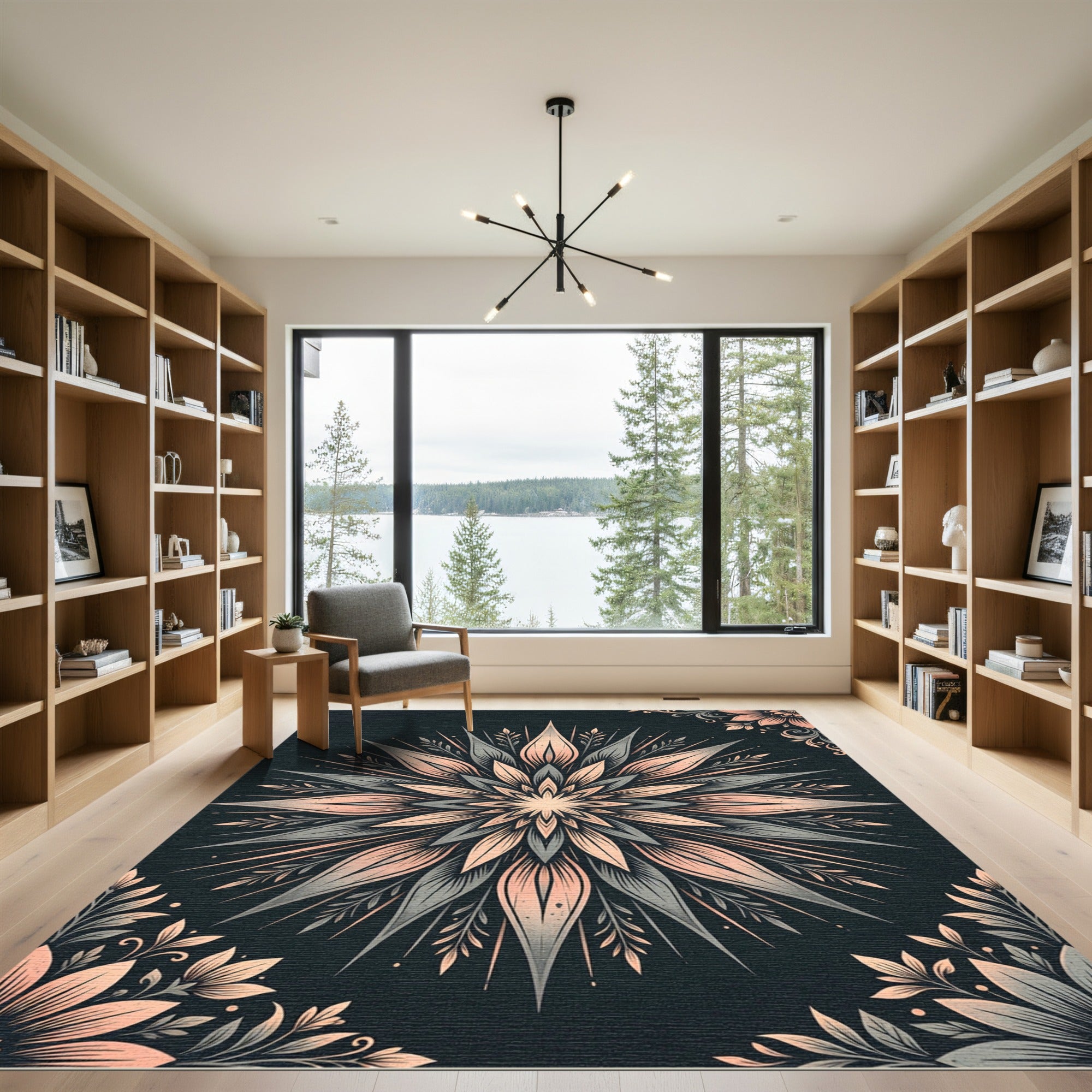 Peach Gray Starburst Floral Mandala Rug