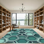 Modern Teal Geometric Hexagon Layered Art Rug