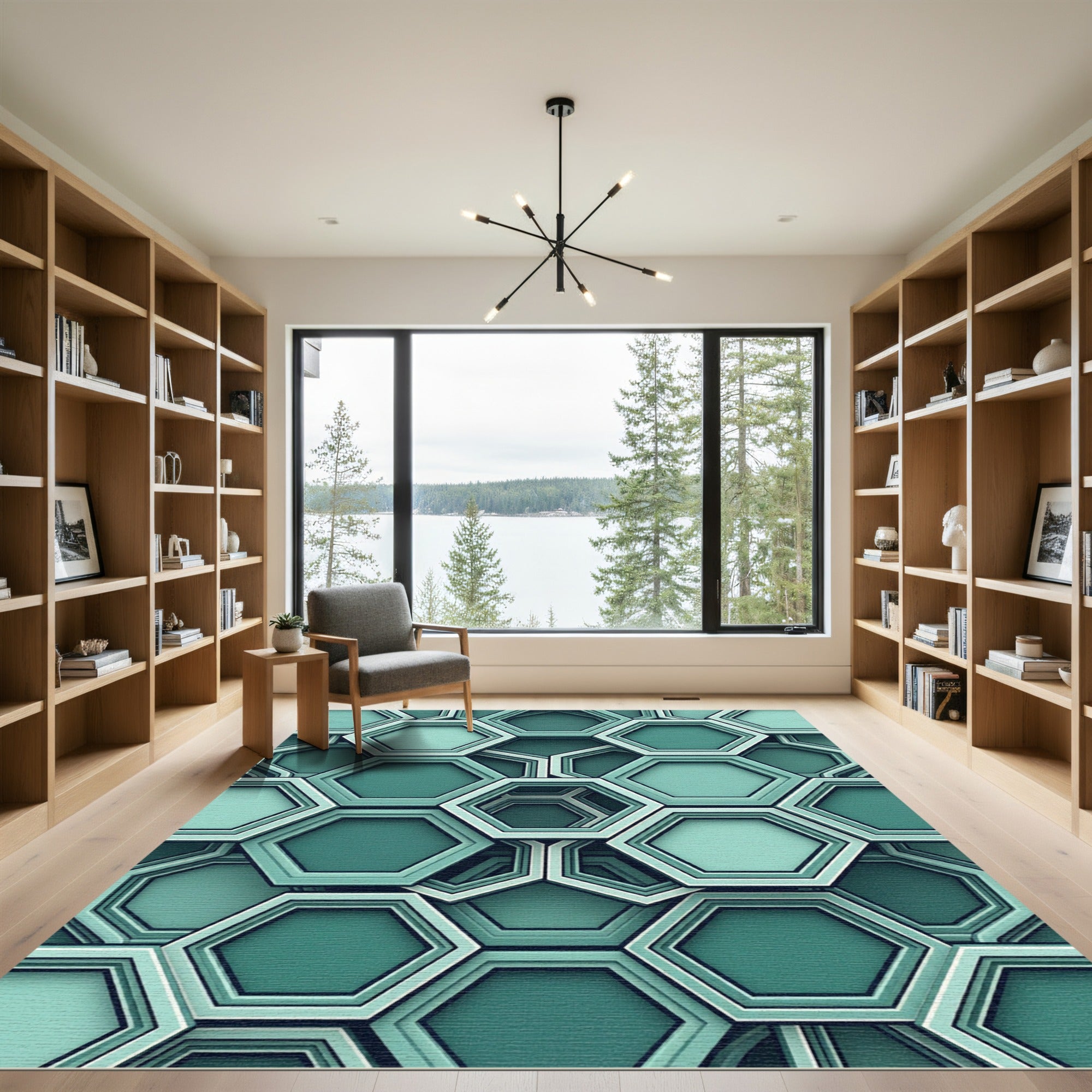 Modern Teal Geometric Hexagon Layered Art Rug