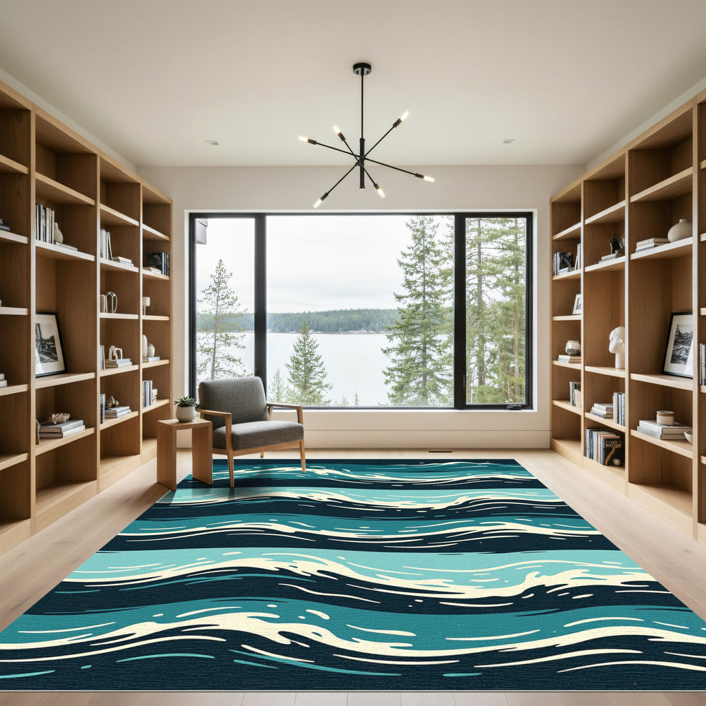Deep Blue Teal Ocean Waves Rug