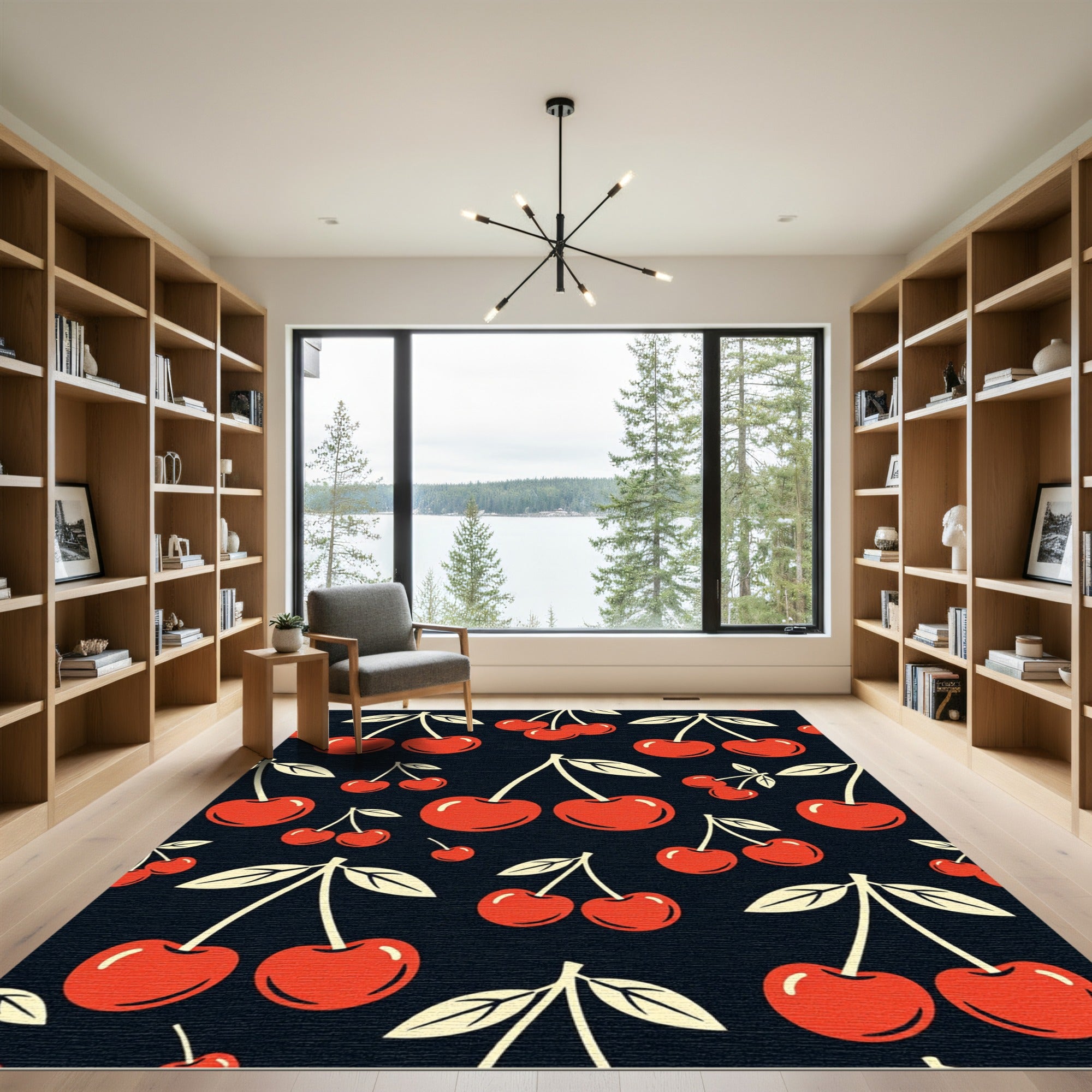 Mid Century Vibrant Cherry Icon Black Rug