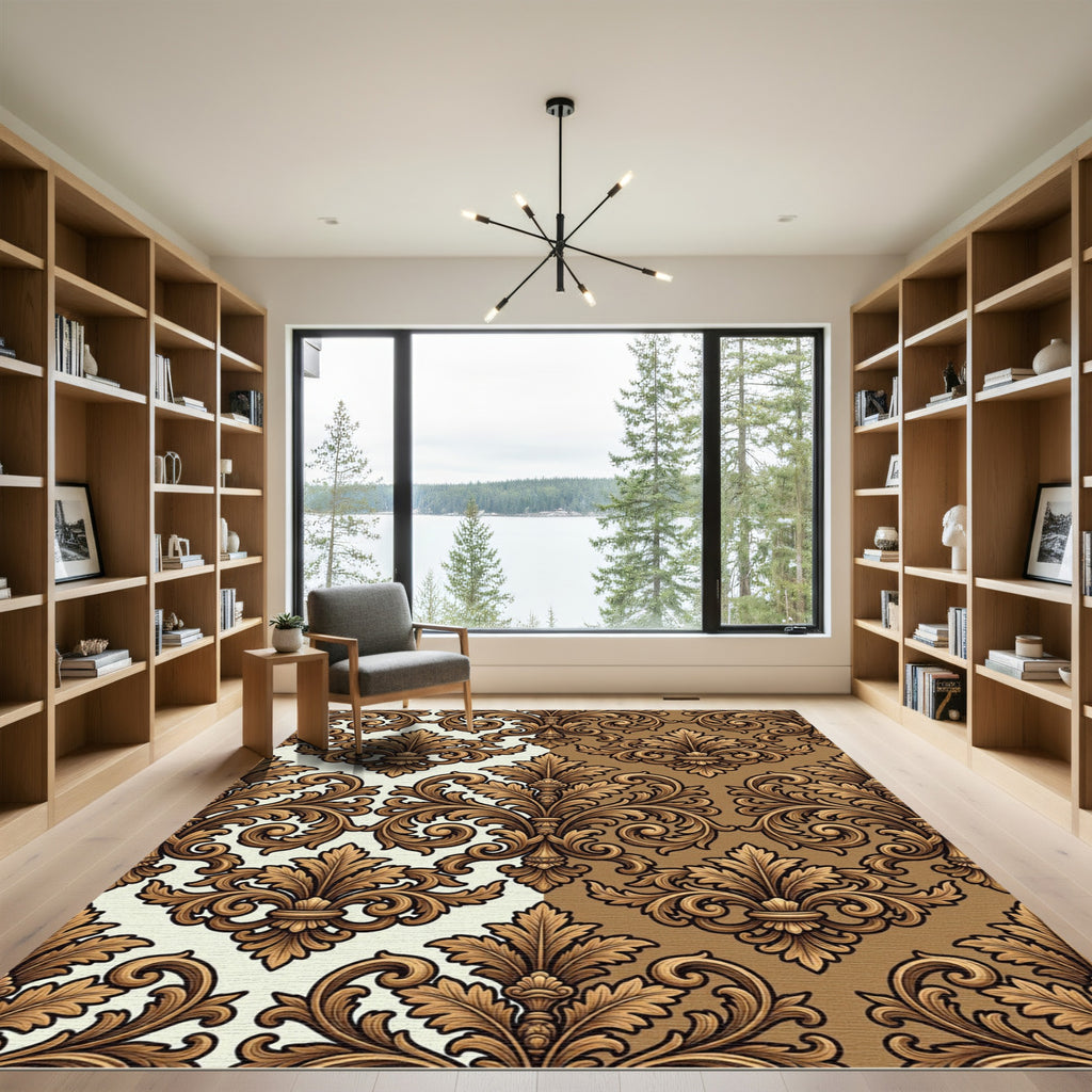 Elegant Gold Damask Victorian Scroll Rug