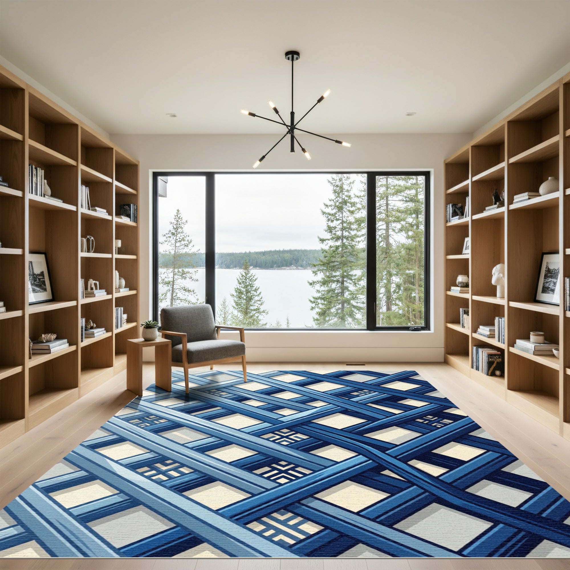 Contemporary Navy Blue Intersecting Grid Rug