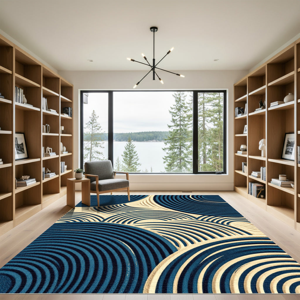 Modern Navy Concentric Ripple Zen Rug
