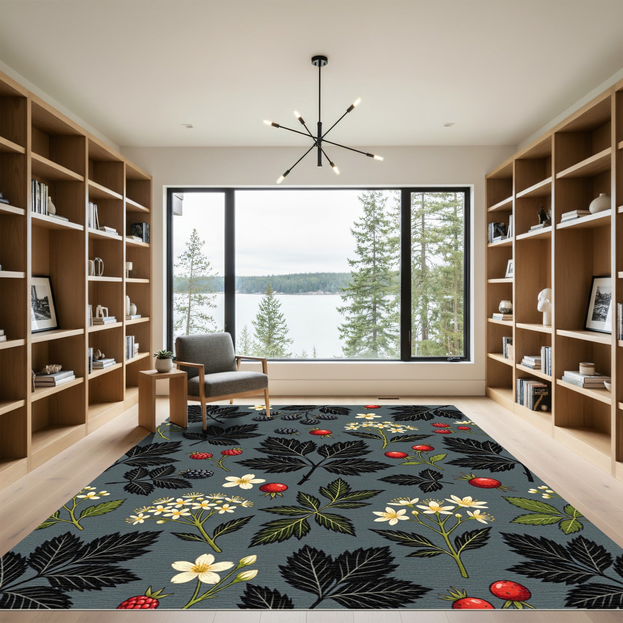 Dark Gray Botanical Berry Floral Rug