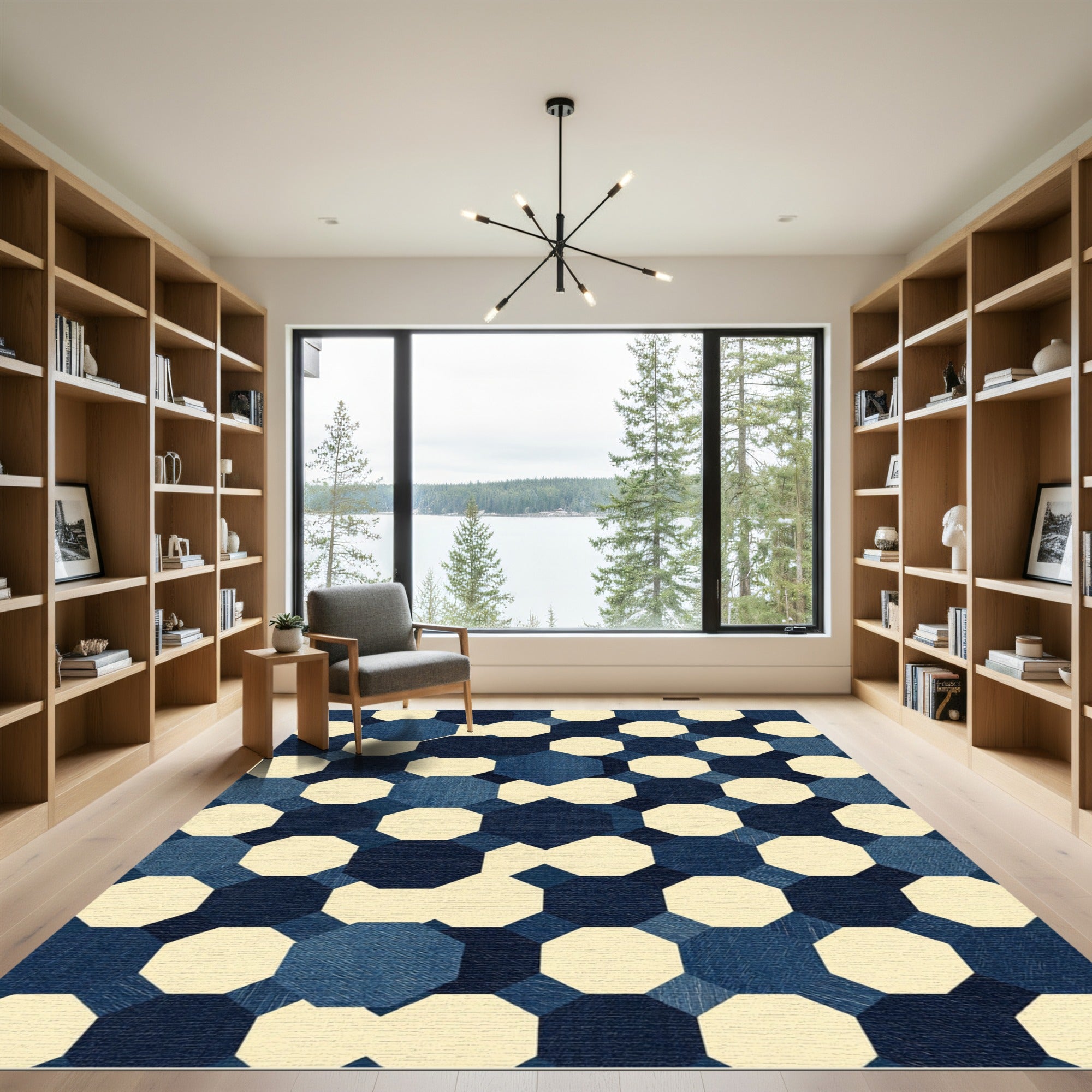 Modern Navy Cream Geometric Octagon Rug