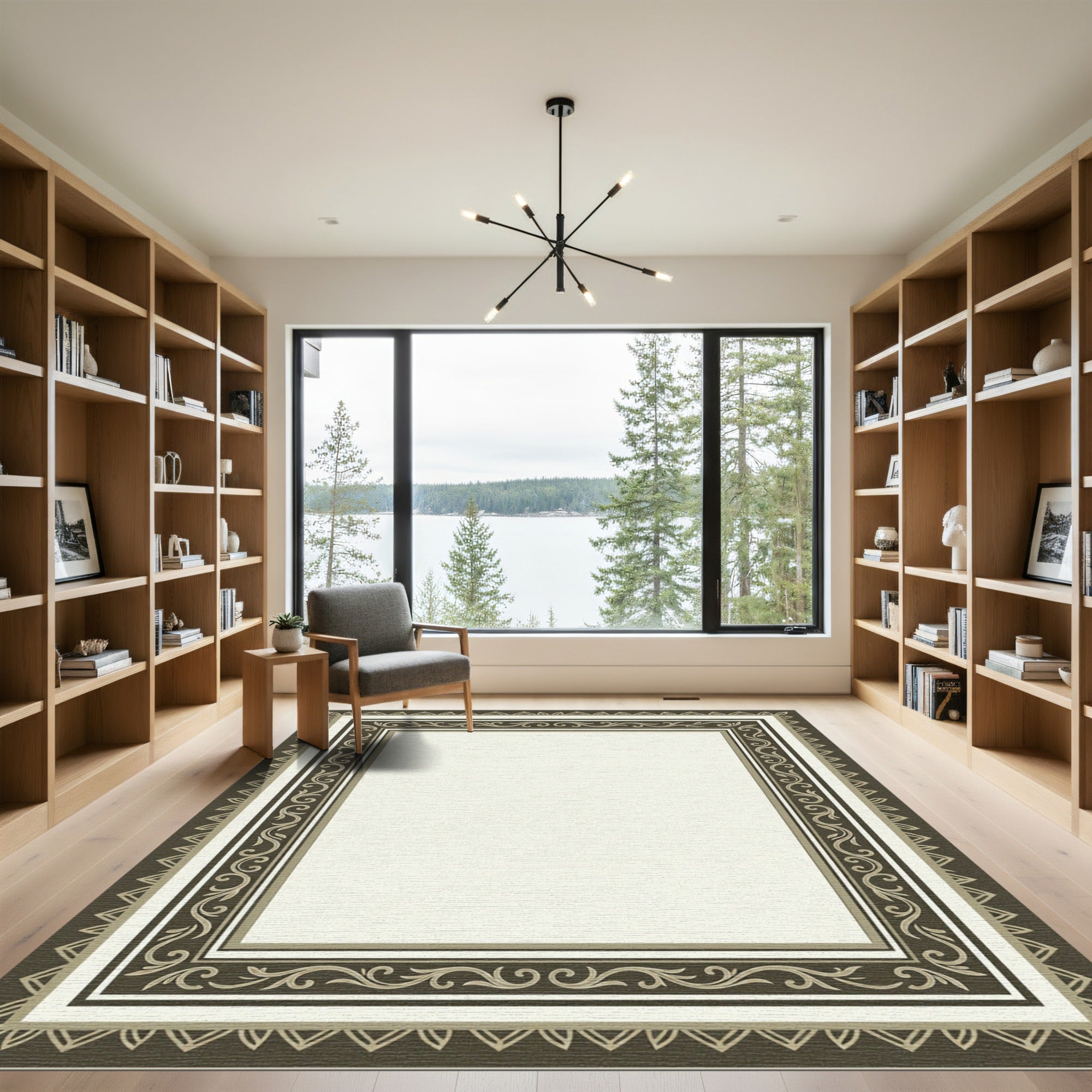 Classic Brown Cream Scroll Border Rug