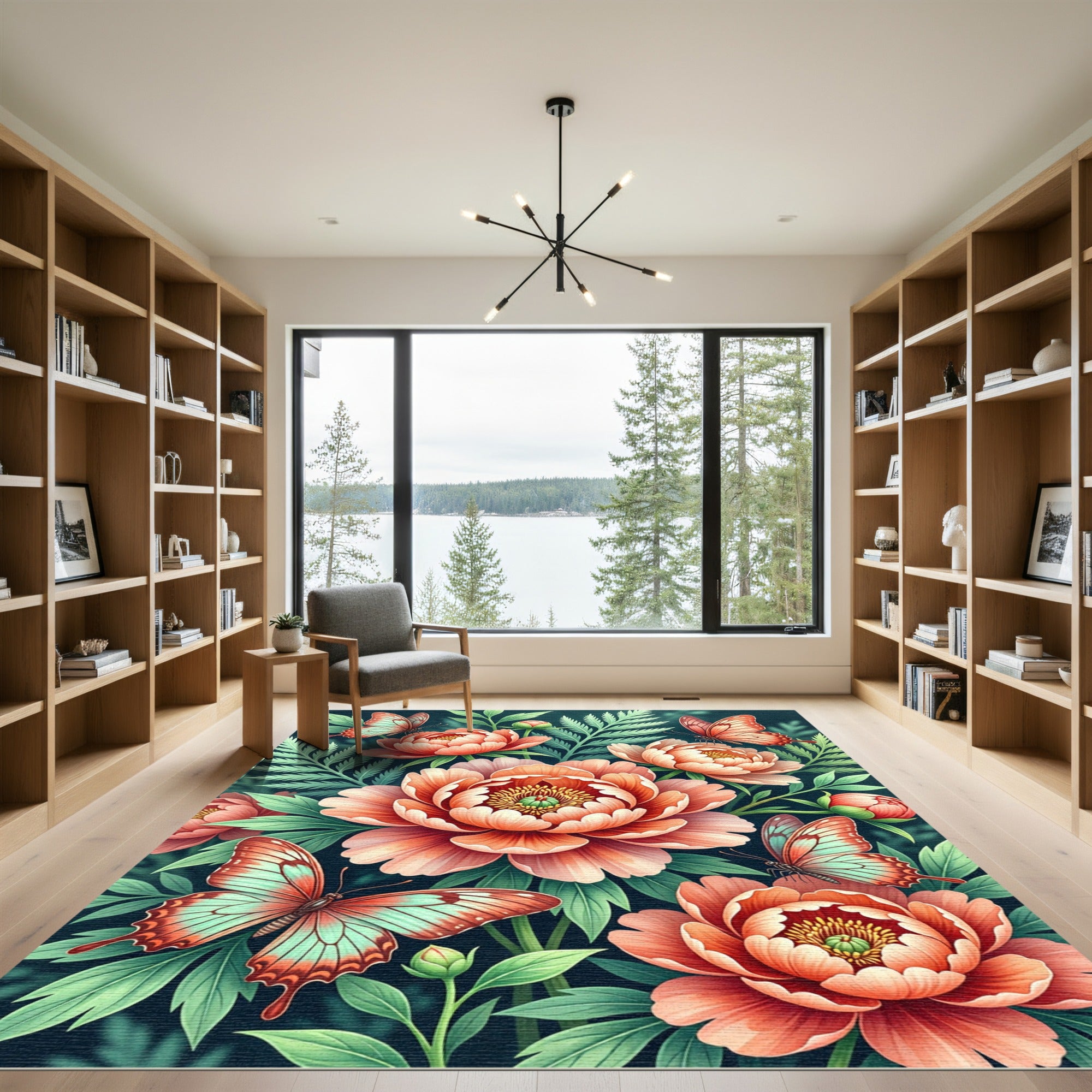 Coral Peony Butterfly Garden Rug