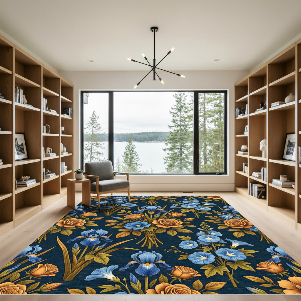 Blue Iris Orange Rose Floral Arrangement Rug
