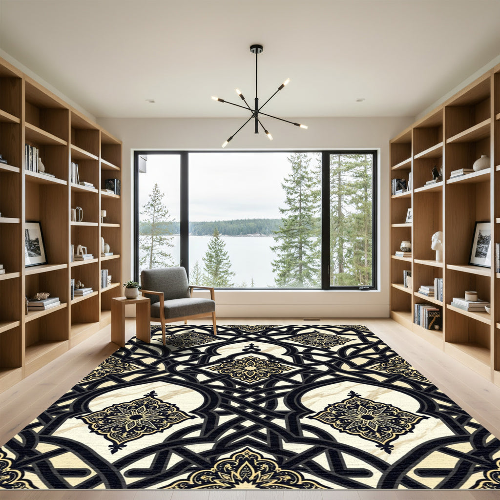 Elegant Black Gold Ornate Arched Trellis Rug