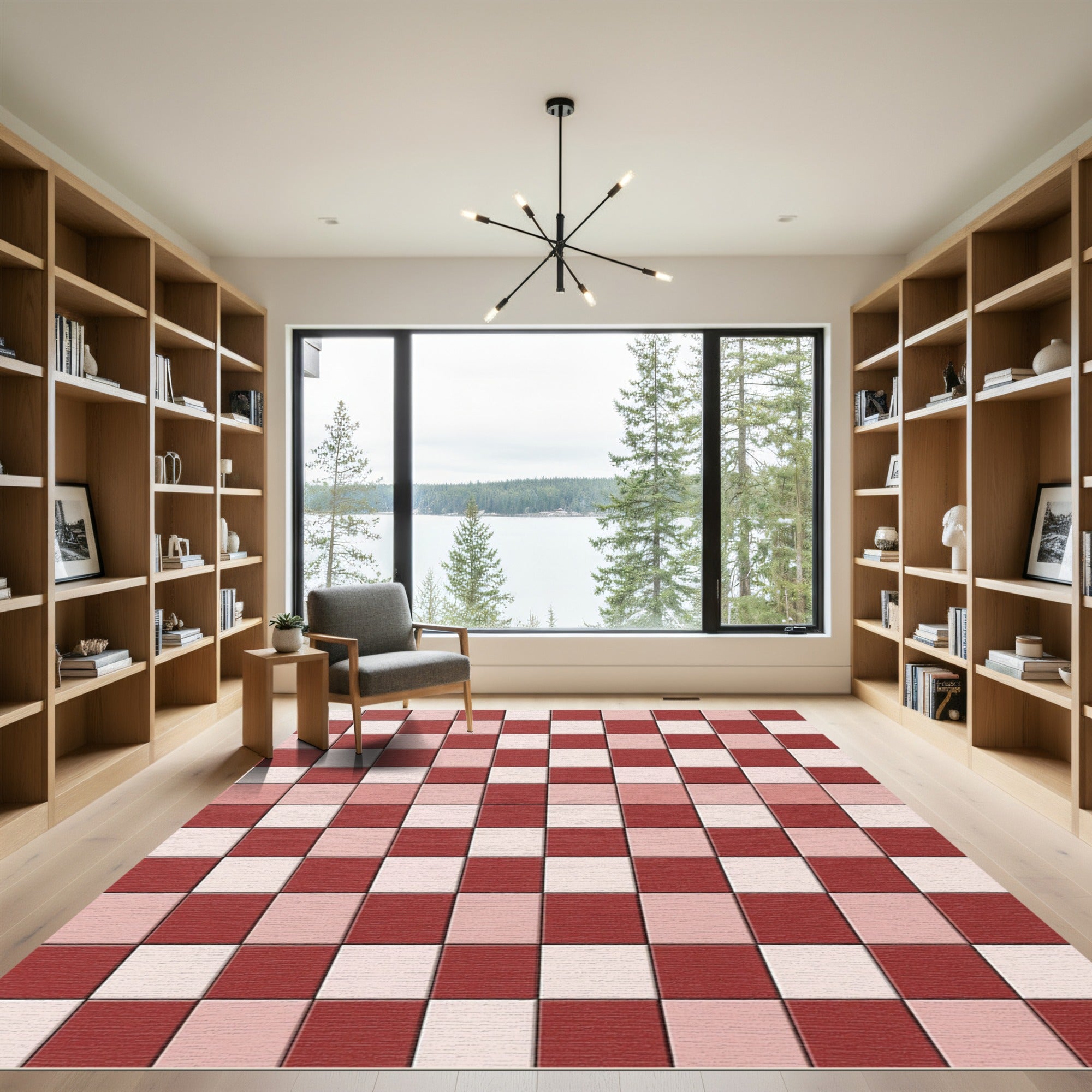 Red White Checkerboard Grid Rug