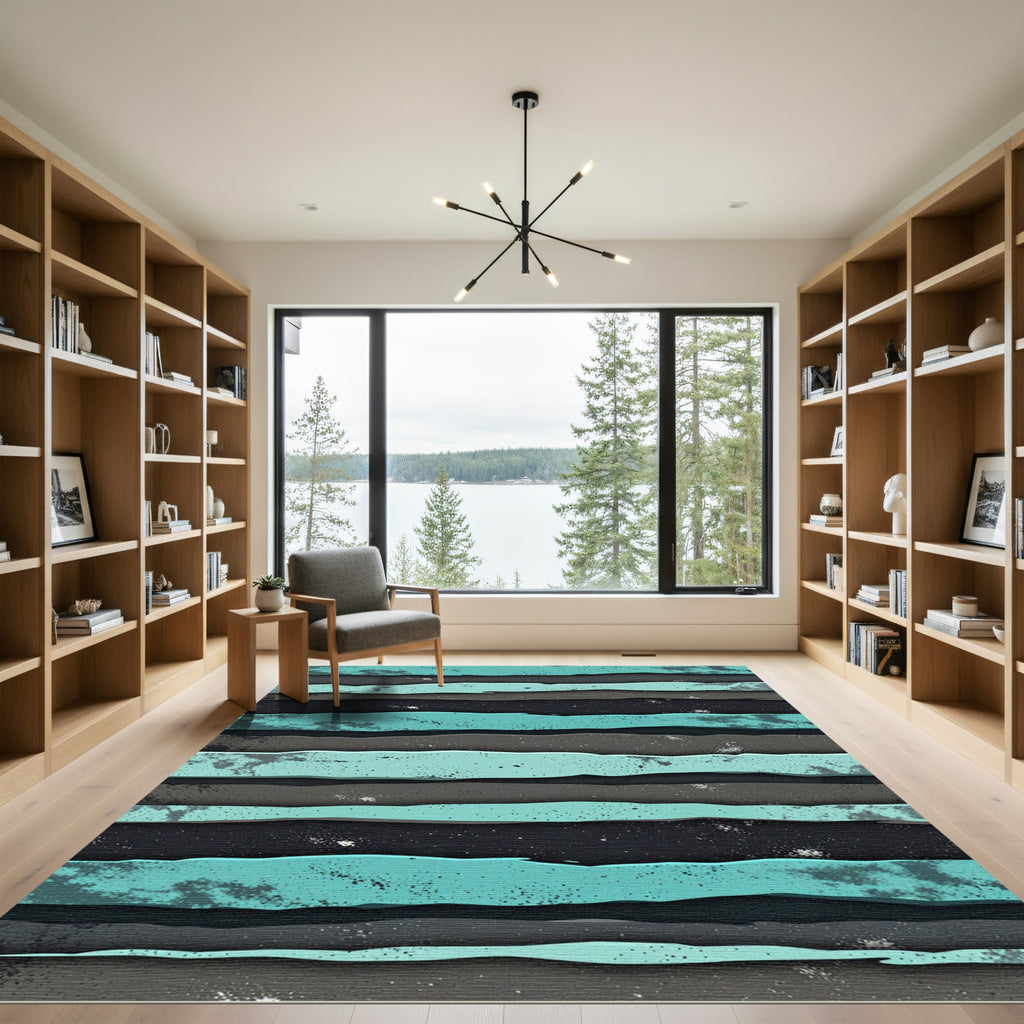 Teal Gray Black Layered Stripe Rug