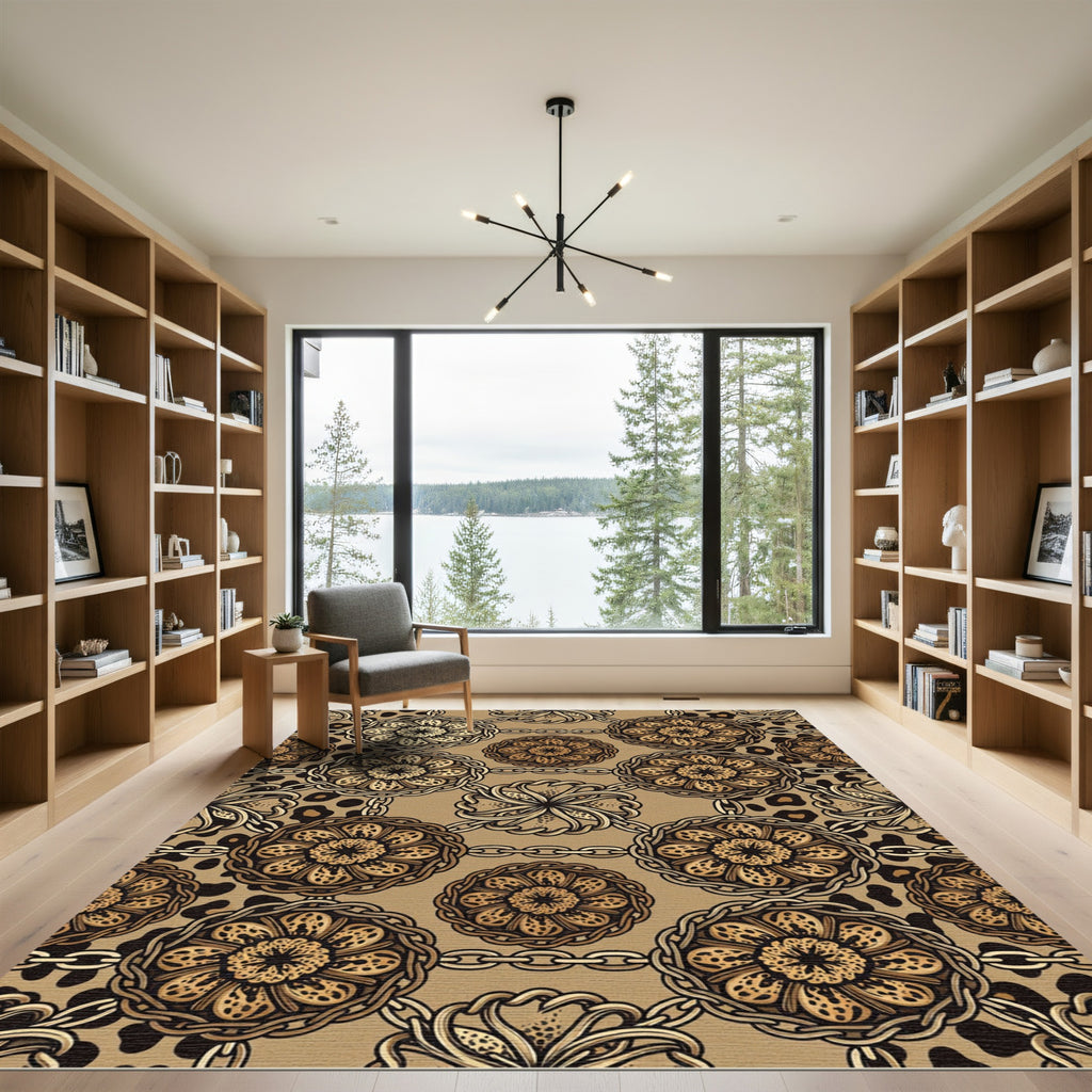 Chained Leopard Rosette Floral Earthy Tapestry Rug