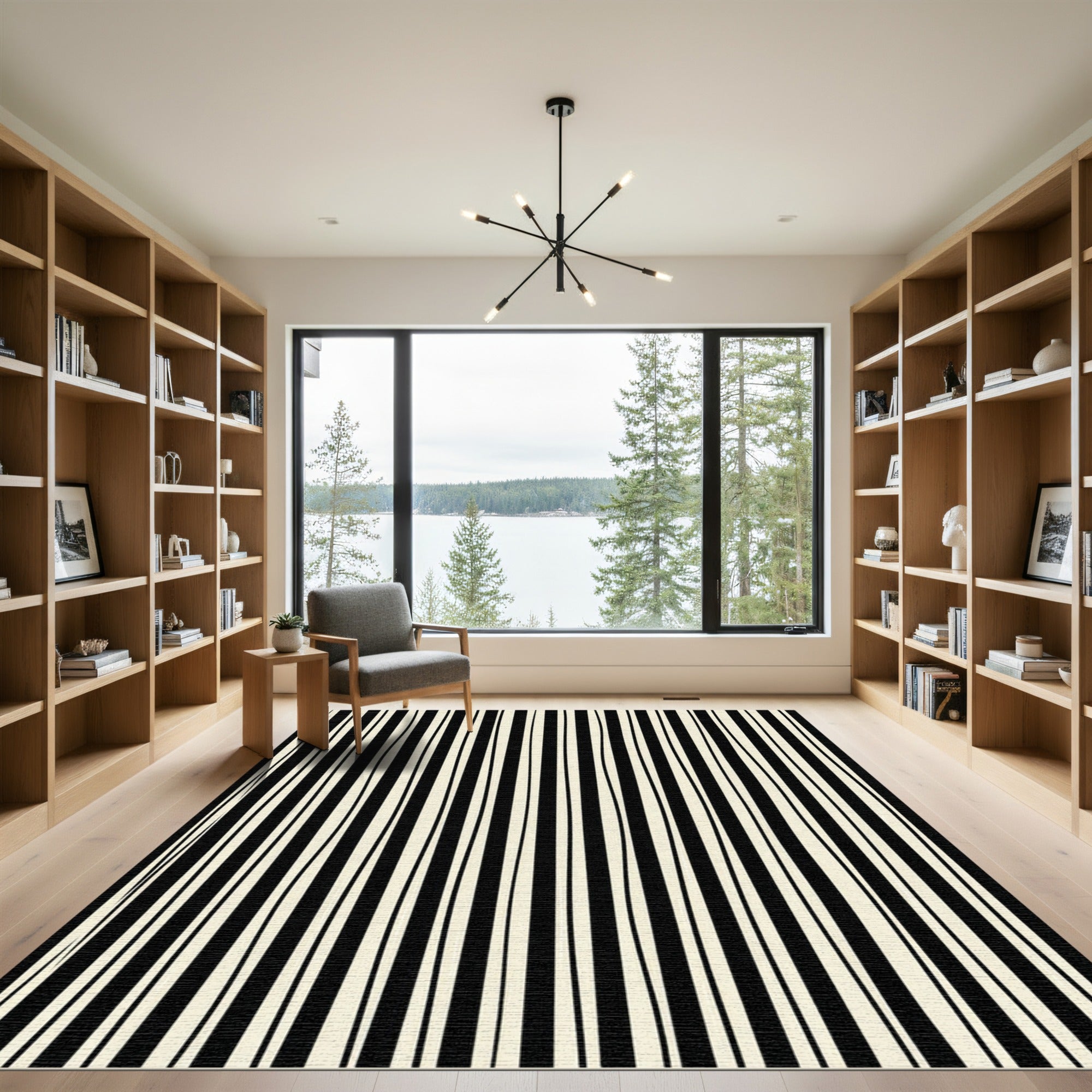 Cream Black Vertical Wavy Stripes Rug