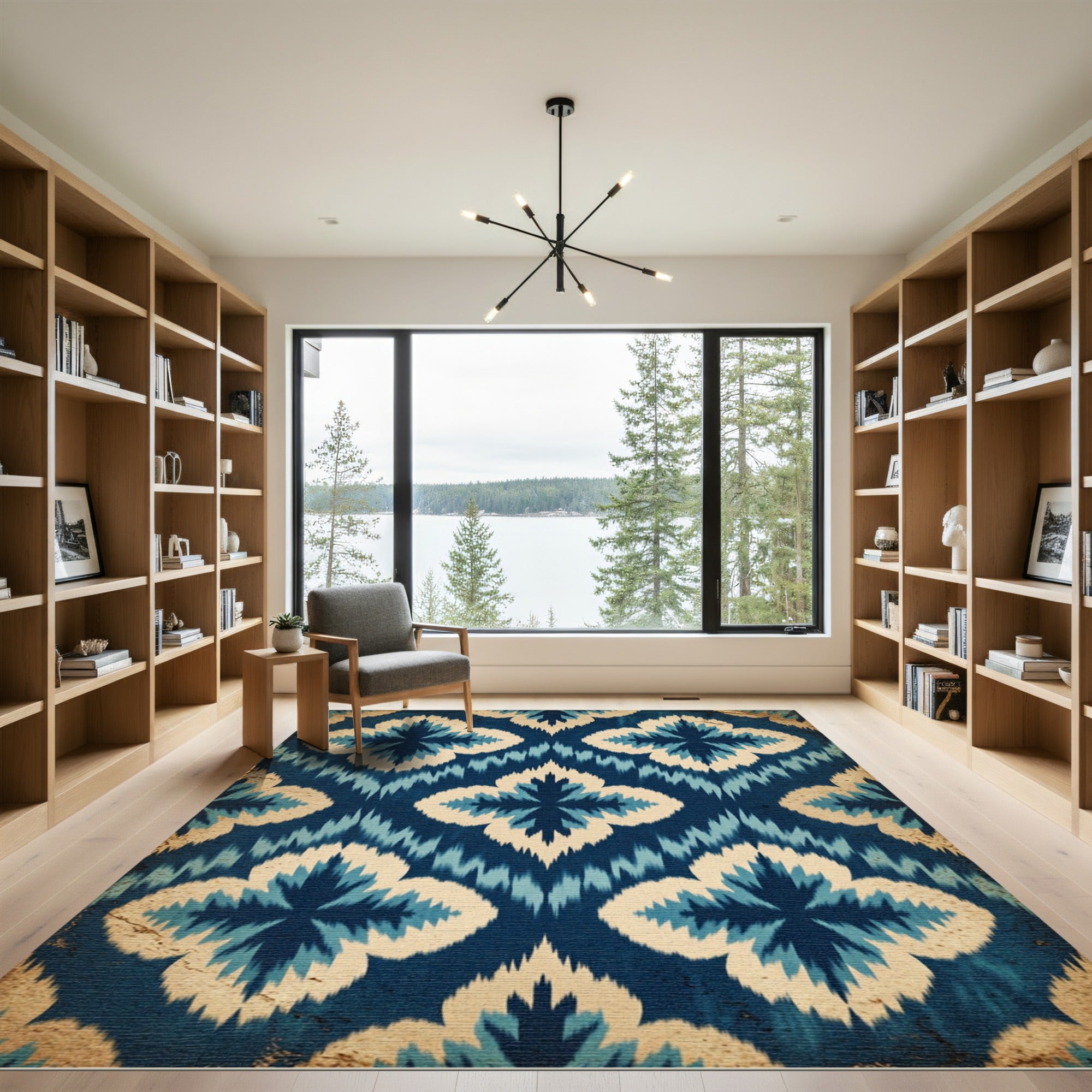 Deep Blue Cream Ikat Blossom Rug