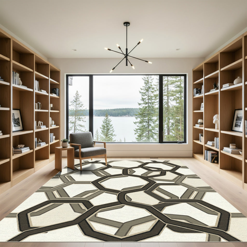 Monochromatic Geometric Interlocking Hexagons Rug