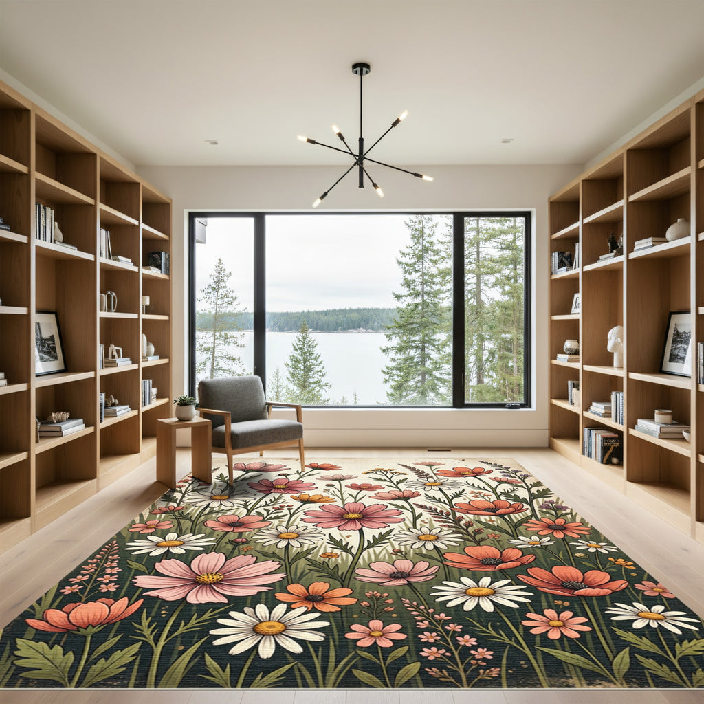 Pink Coral Daisy Floral Meadow Rug