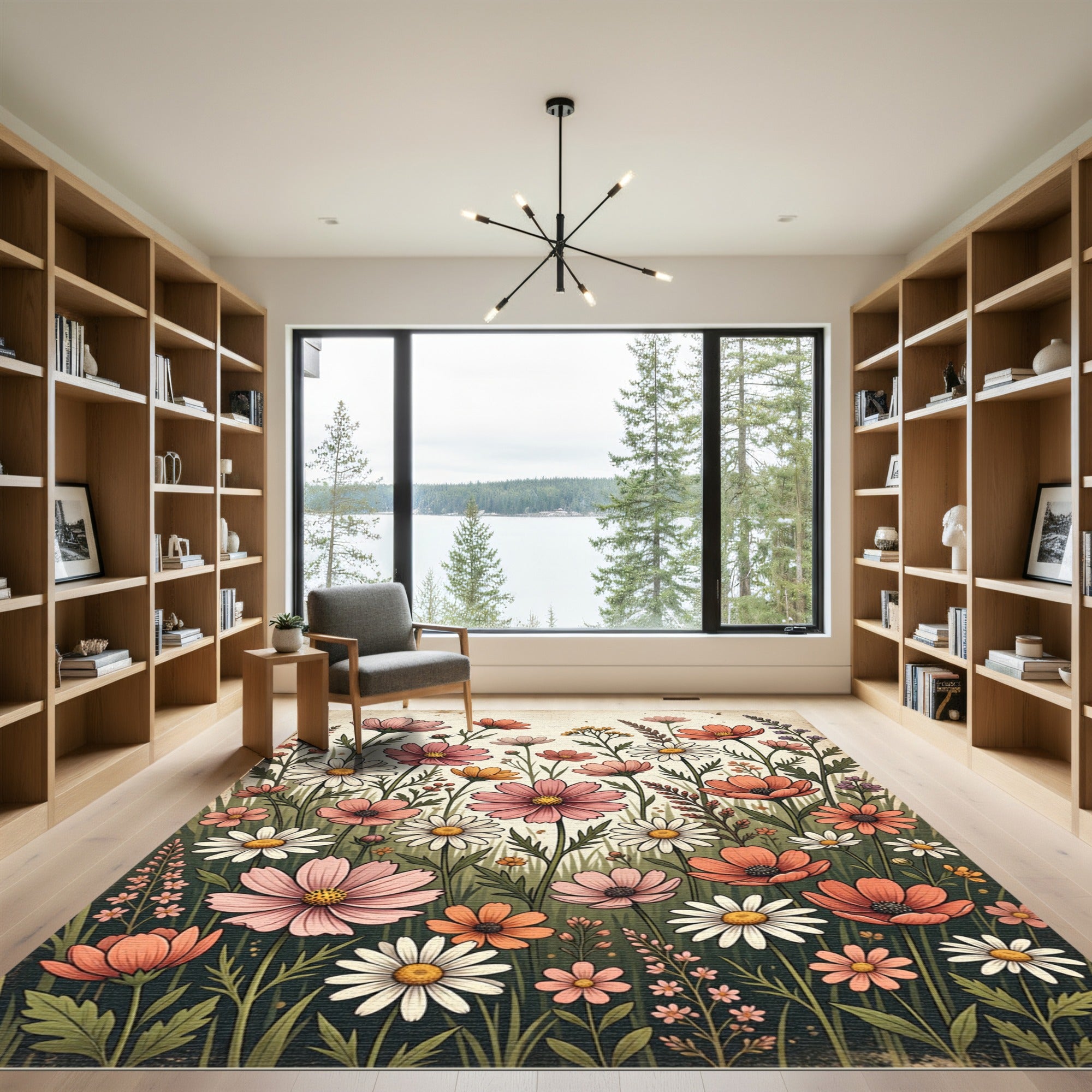 Pink Coral Daisy Floral Meadow Rug
