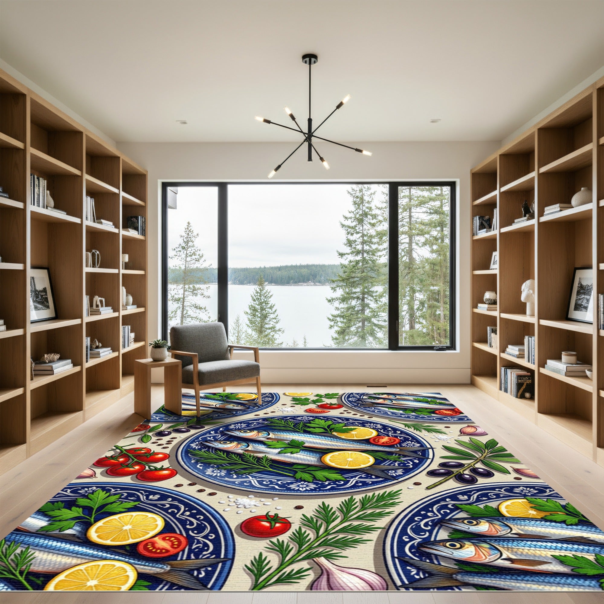 Mediterranean Anchovy Lemon Blue Floral Plate Rug