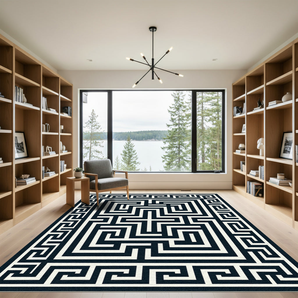 Black White Geometric Maze Border Rug