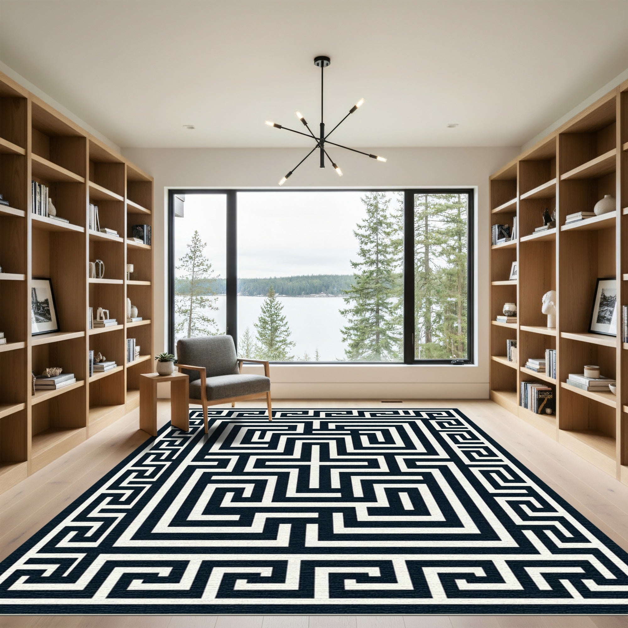 Black White Geometric Maze Border Rug