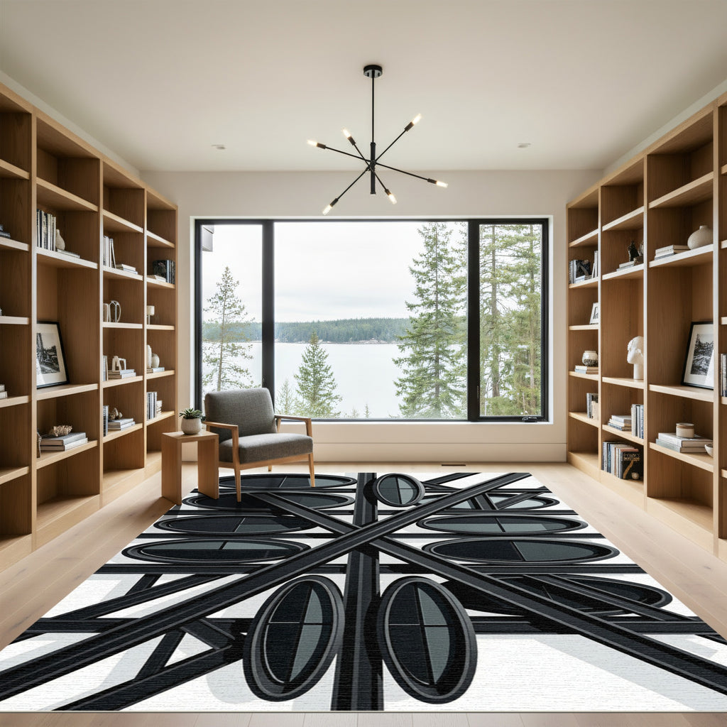 Geometric Charcoal Oval Intersecting Lines Rug