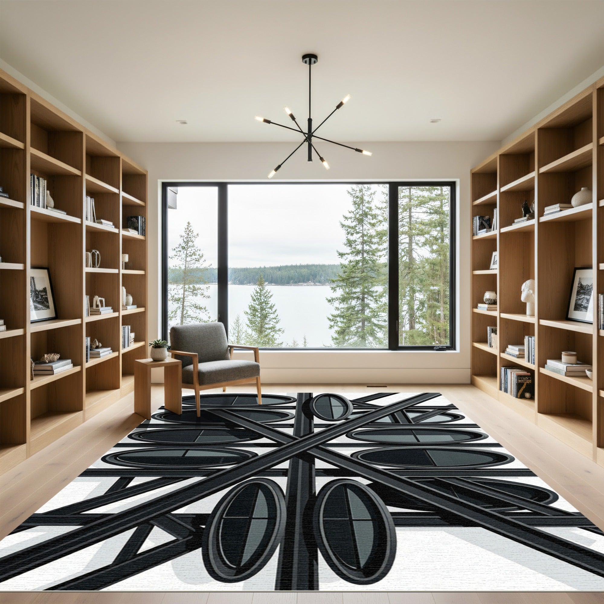 Geometric Charcoal Oval Intersecting Lines Rug
