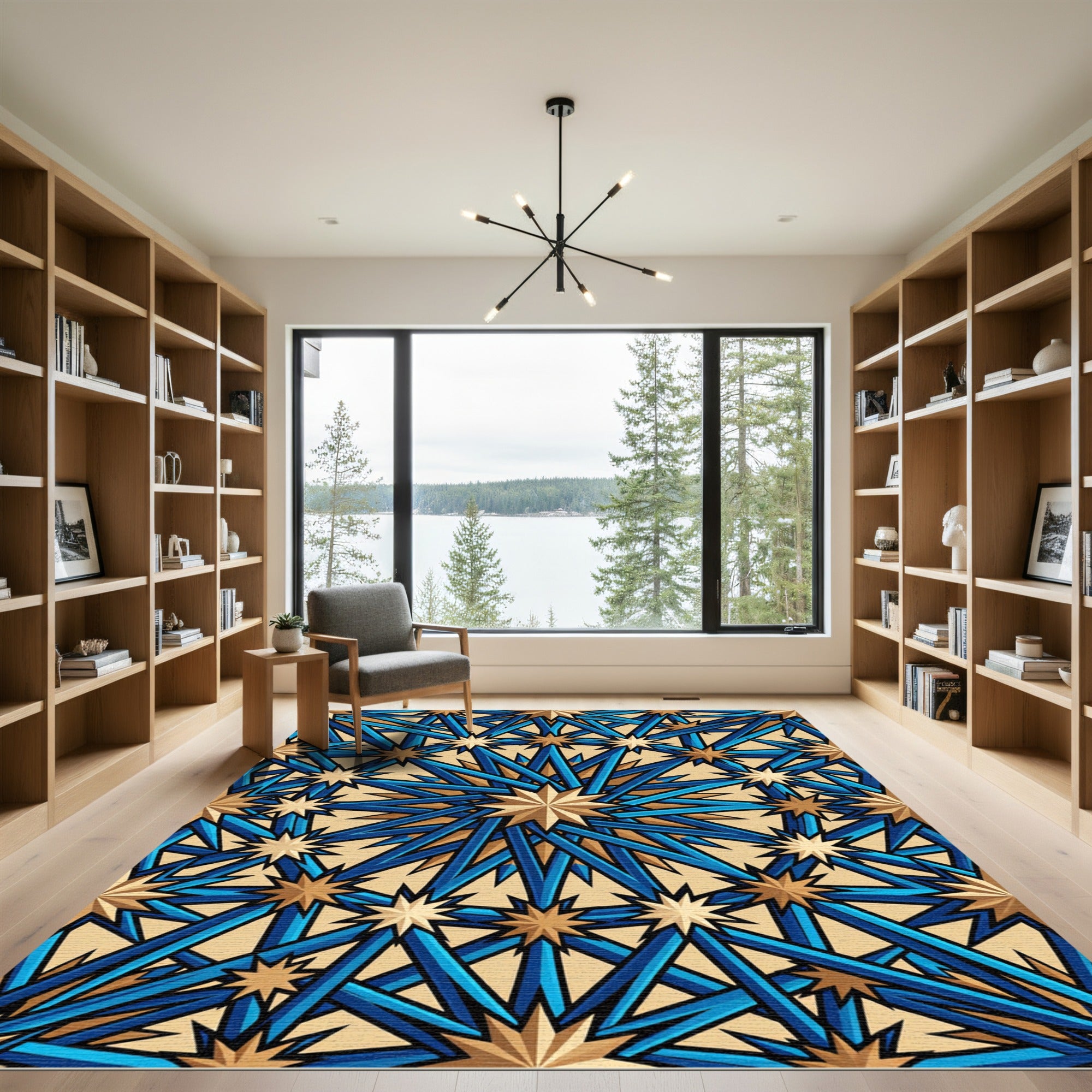 Geometric Starburst Azure and Gold Medallion Rug