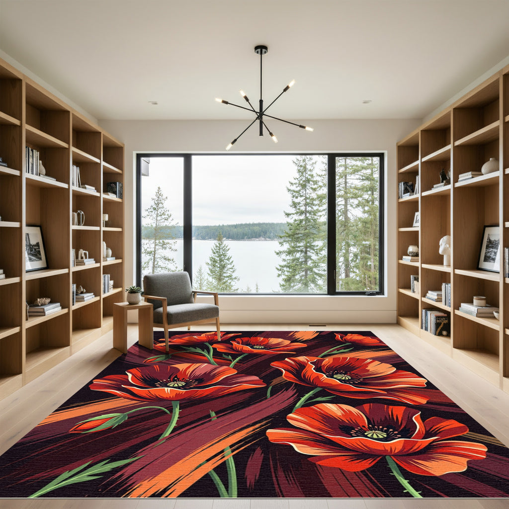 Crimson Poppy Brushstroke Garden Rug