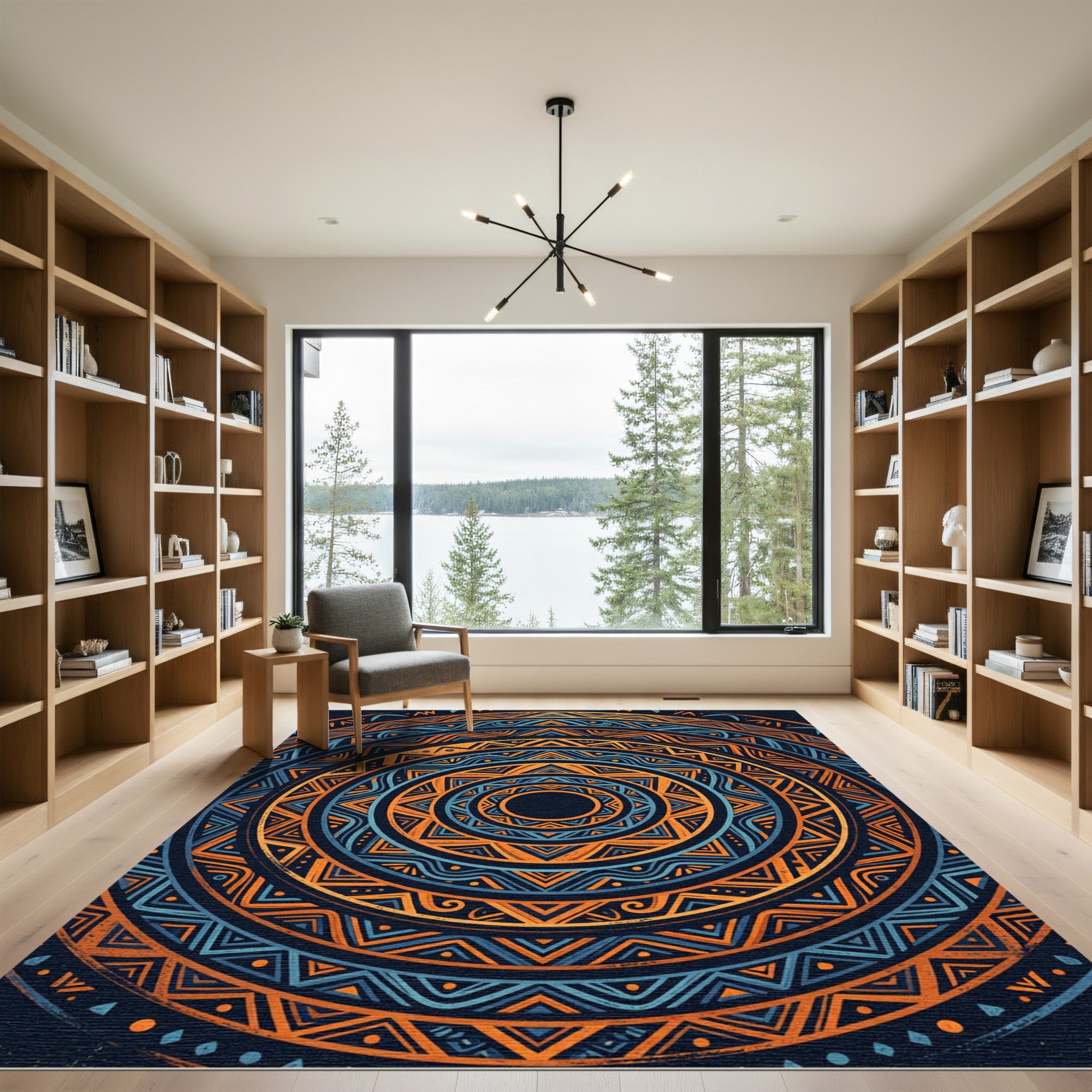Bold Navy and Orange Geometric Mandala Rug