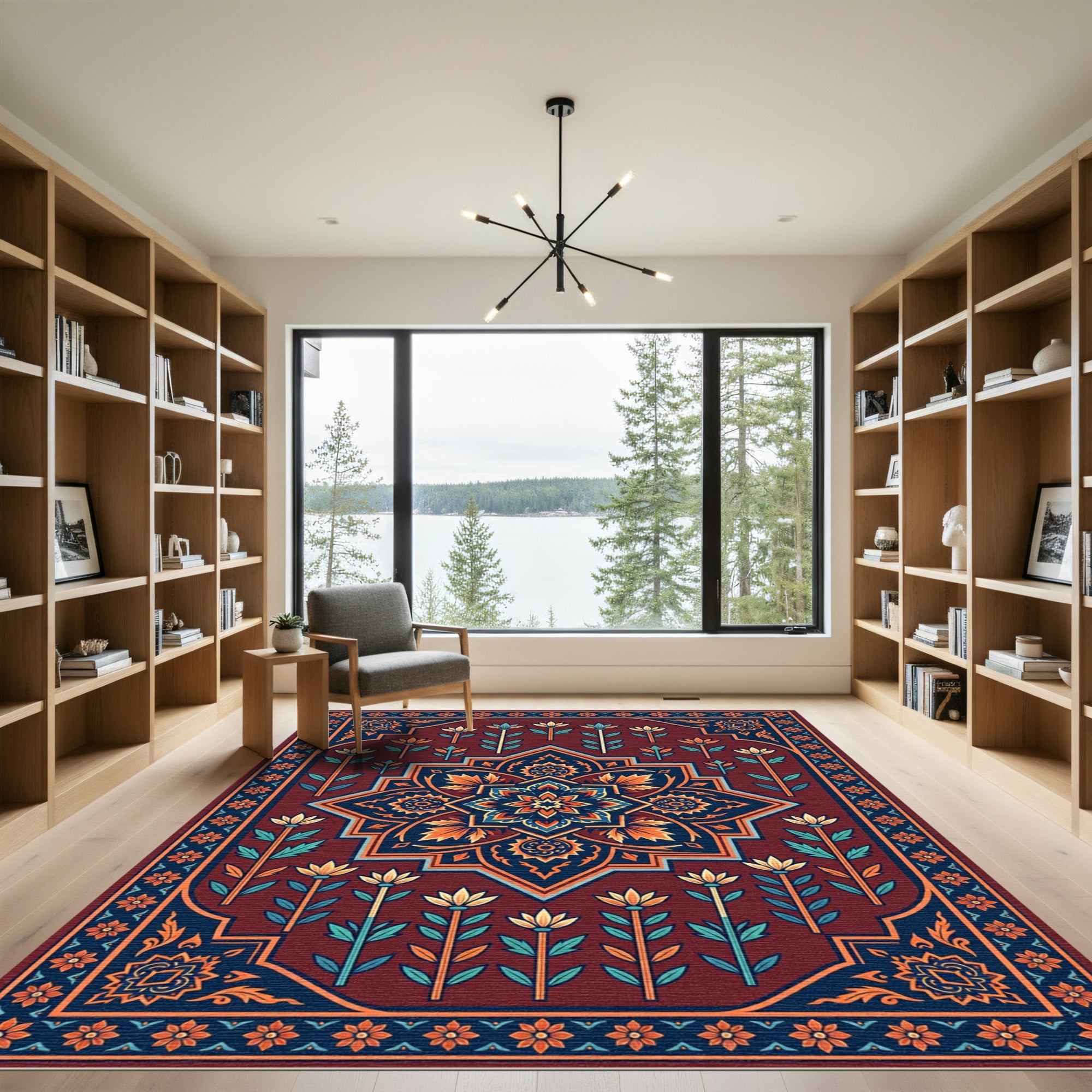 Crimson Navy Floral Medallion Garden Rug