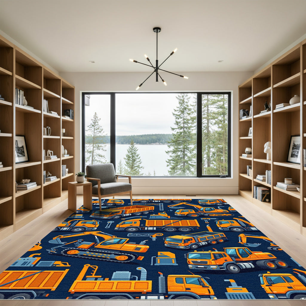 Vibrant Orange Construction Truck Seamless Art Rug