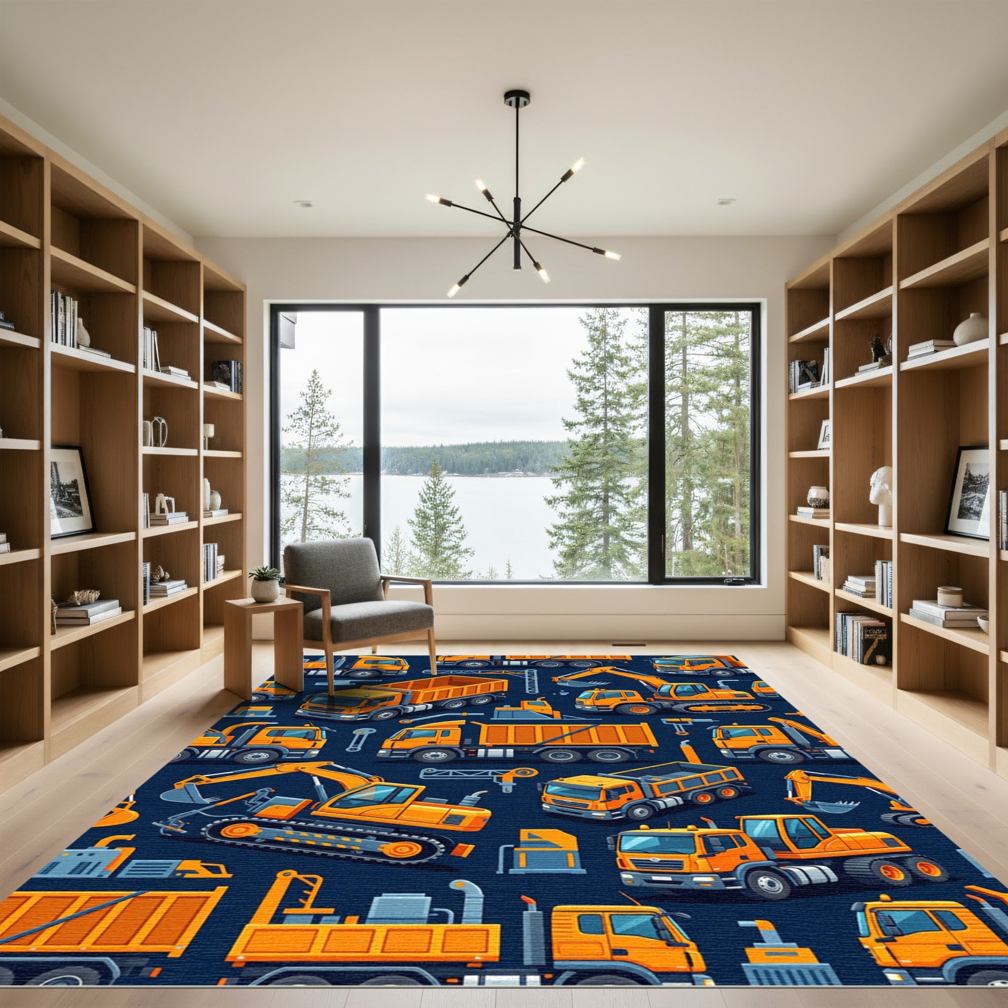 Vibrant Orange Construction Truck Seamless Art Rug