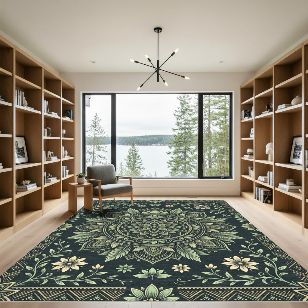 Sage Green Floral Art Deco Mandala Rug