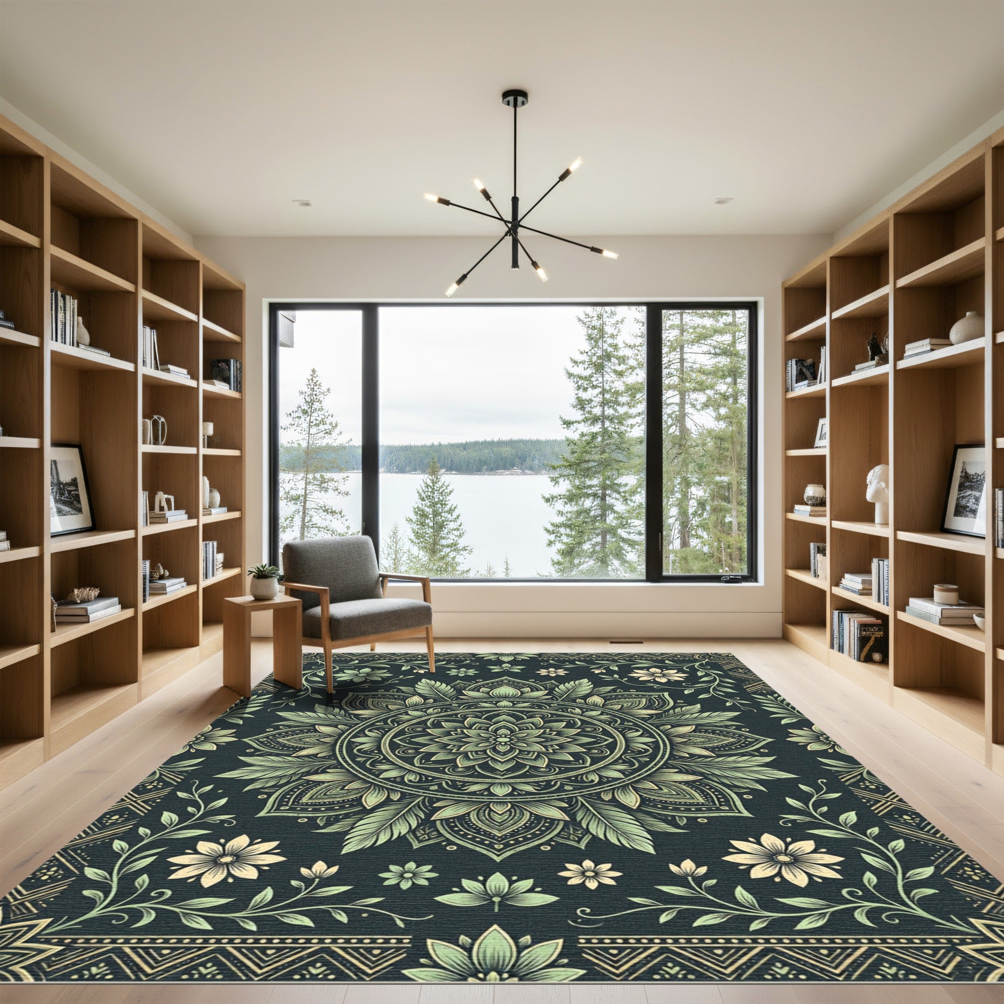 Sage Green Floral Art Deco Mandala Rug