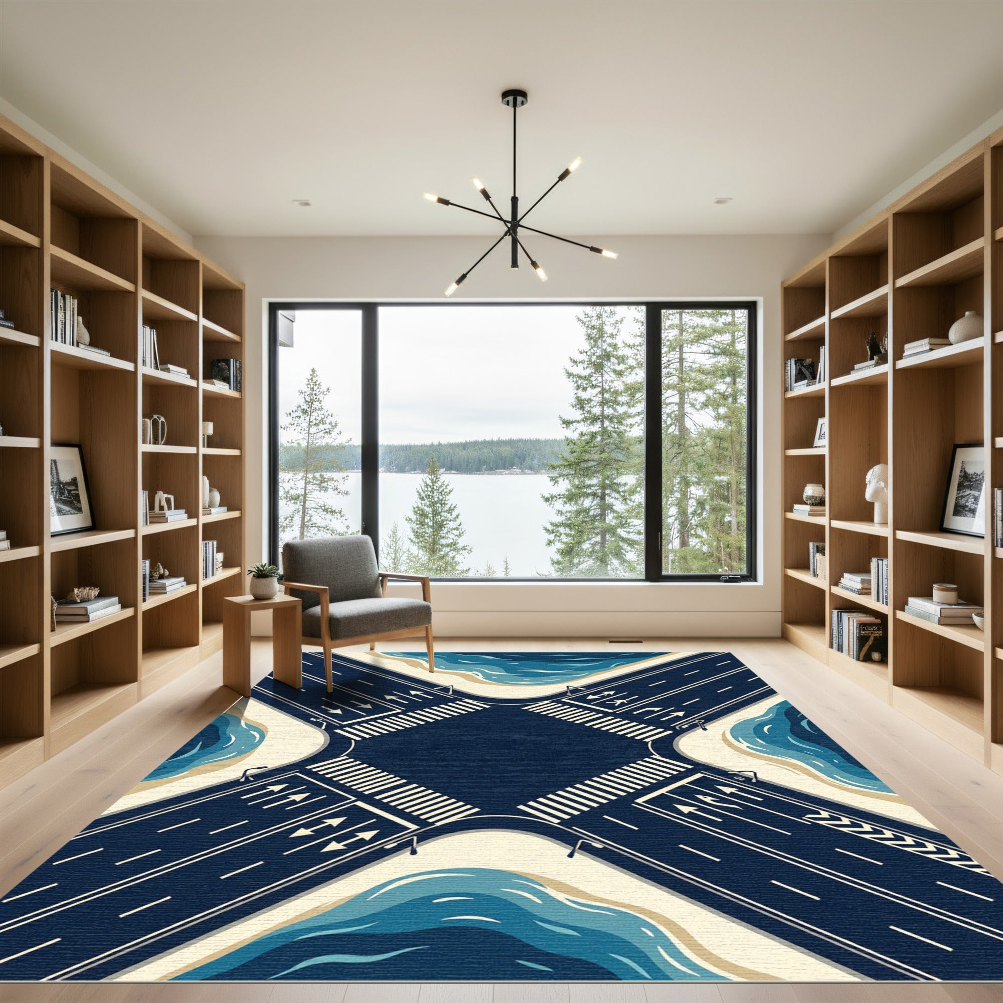 Aerial Intersection Navy Blue Wave Rug