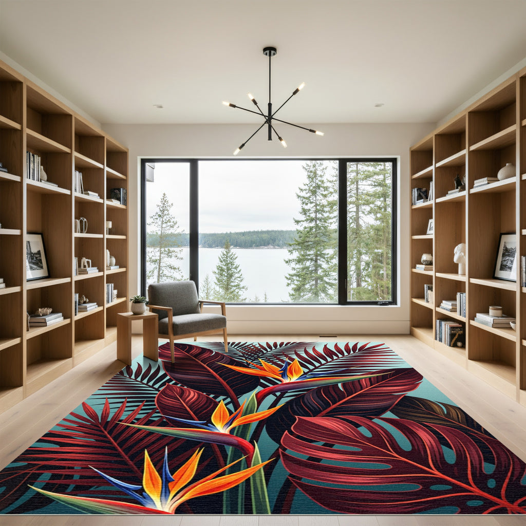Vibrant Red Tropical Bird of Paradise Leaves Rug