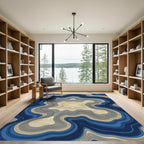 Blue and Cream Abstract Topographic Line Rug