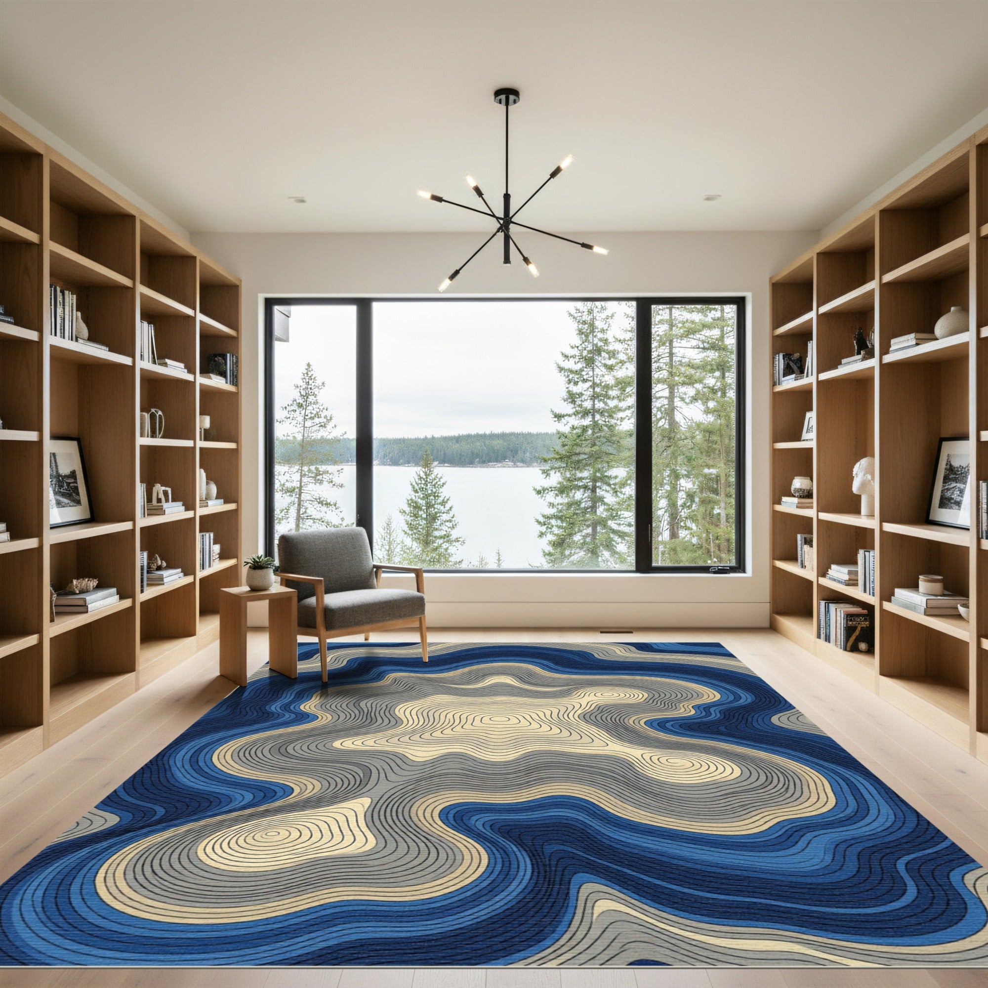 Blue and Cream Abstract Topographic Line Rug
