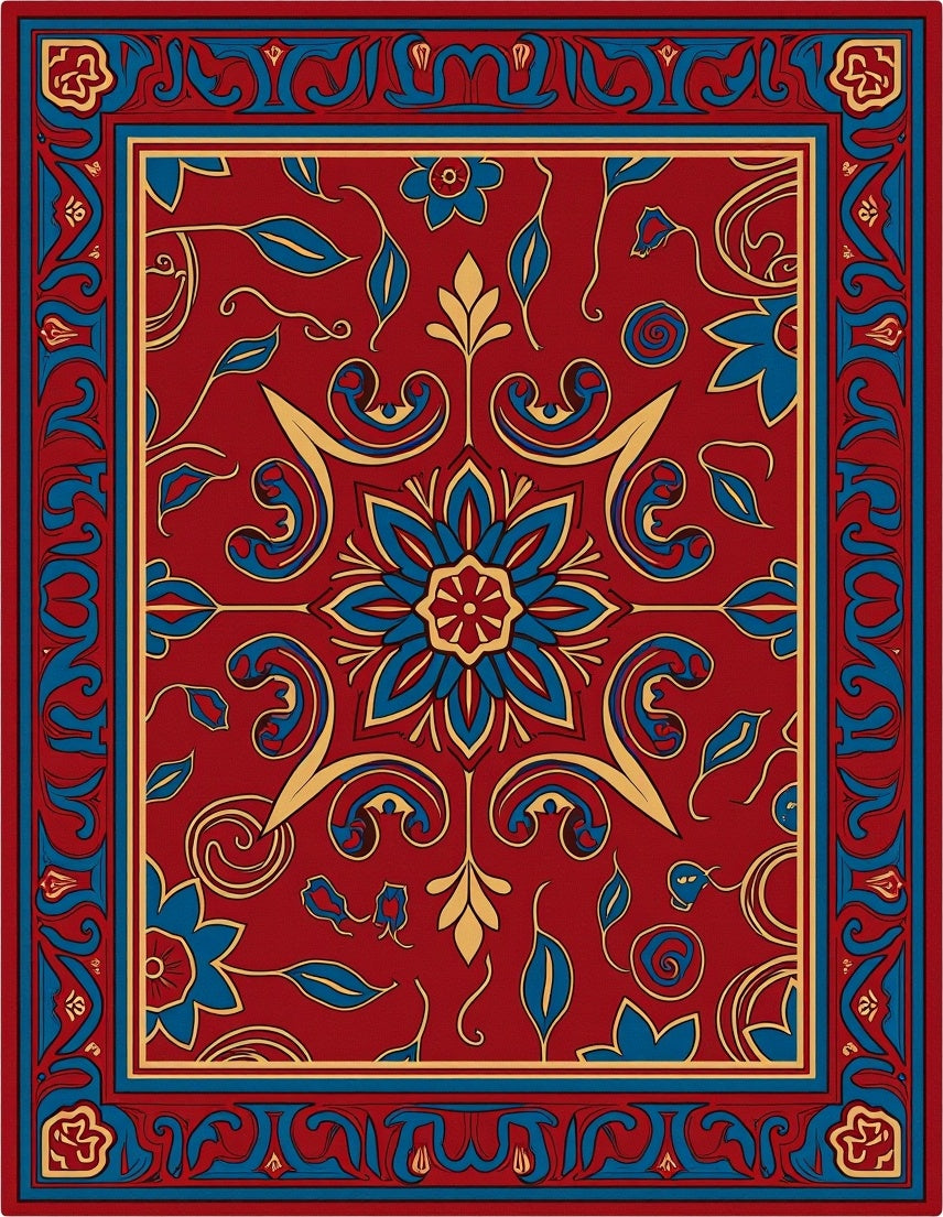 Elaborate Red Floral Scroll Pattern Rug