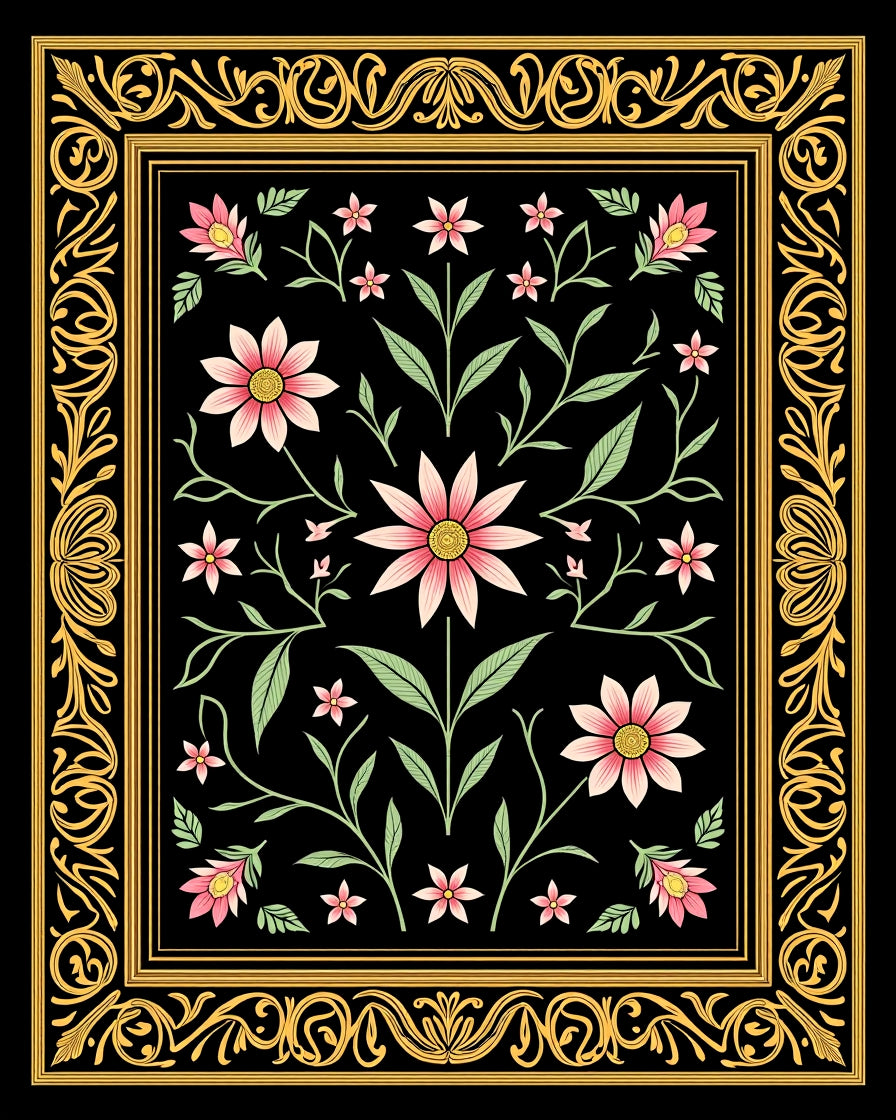 Black Floral Gold Border Rug