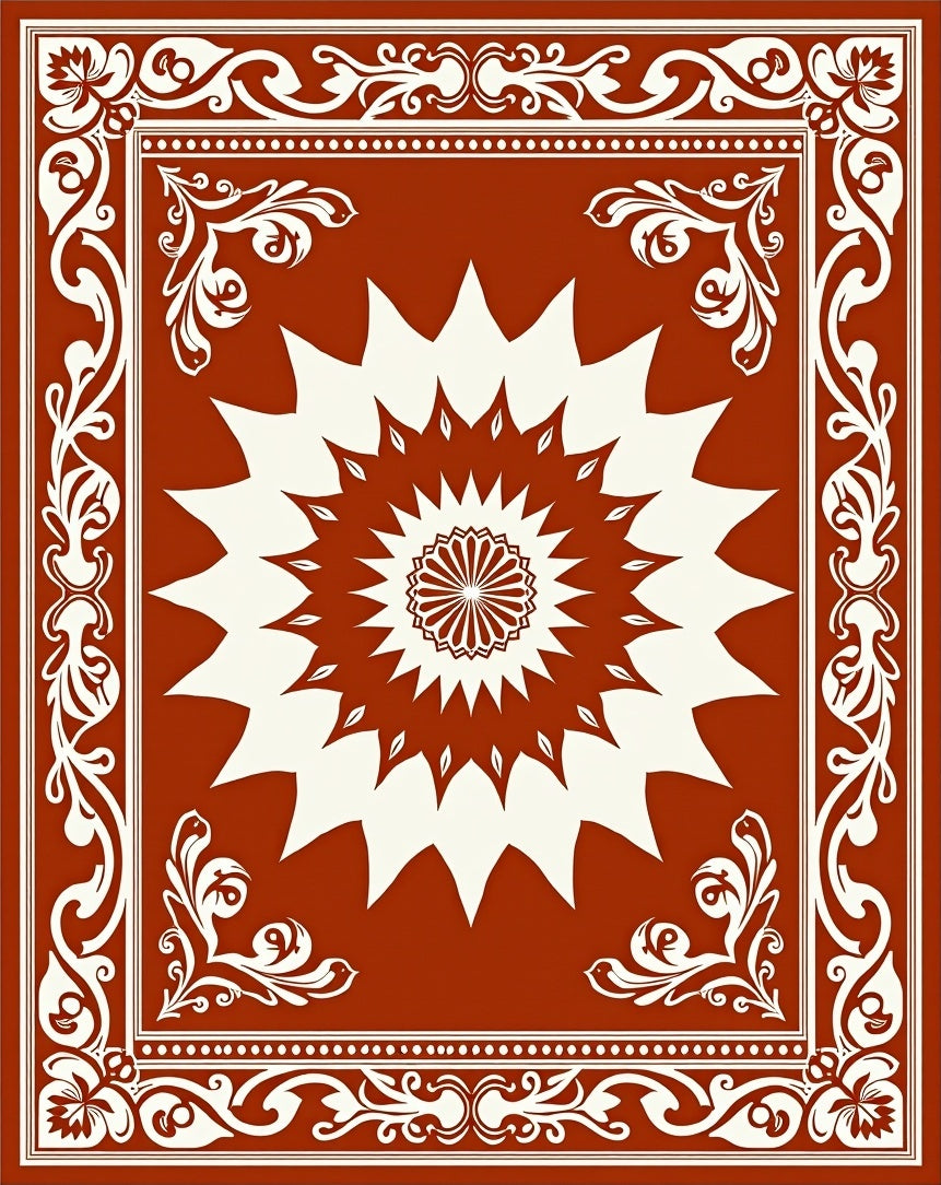 Central Sunburst Floral Border Design Rug