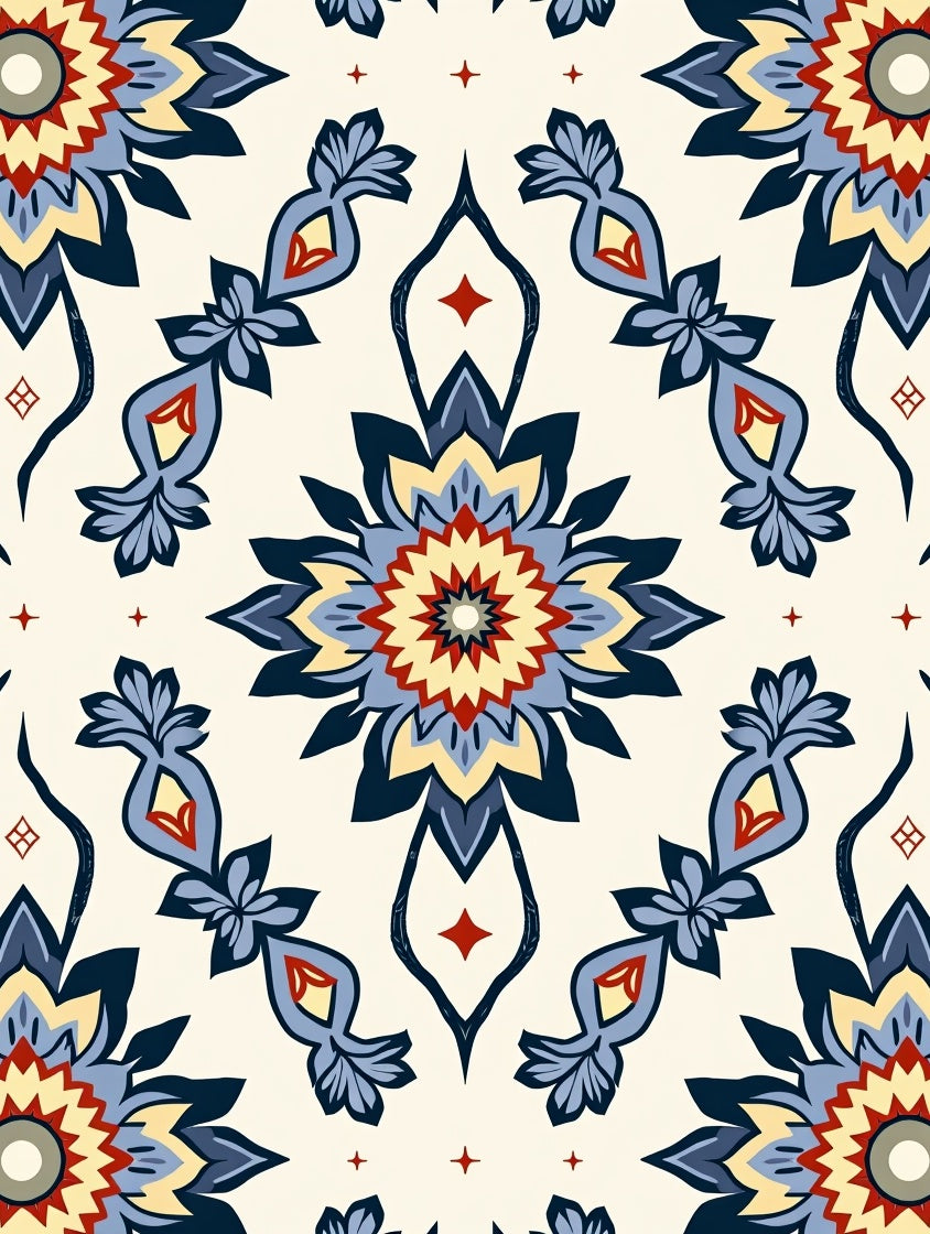 Navy Blue Red Yellow Floral Medallion Design Rug