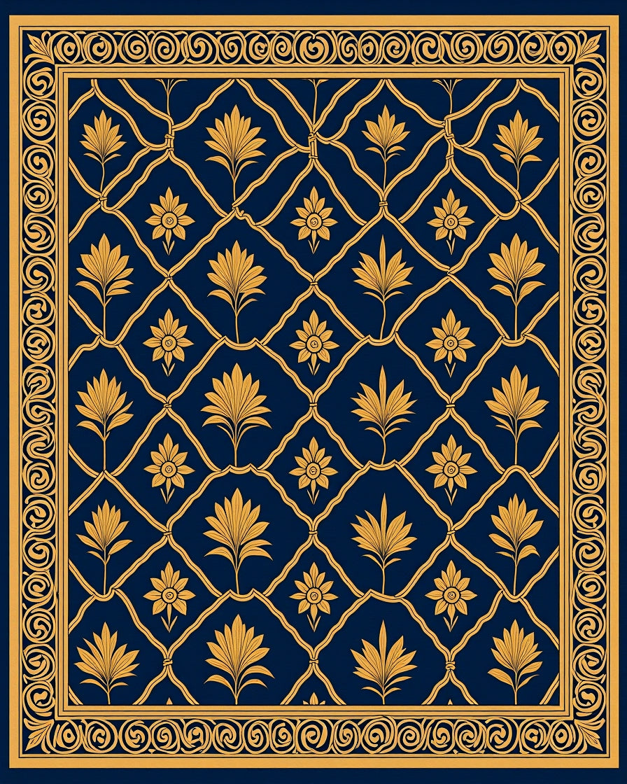 Golden Floral Lattice Pattern Rug