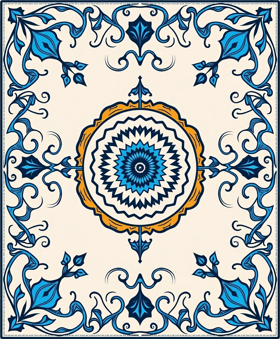 Intricate Blue Floral Medallion Design Rug