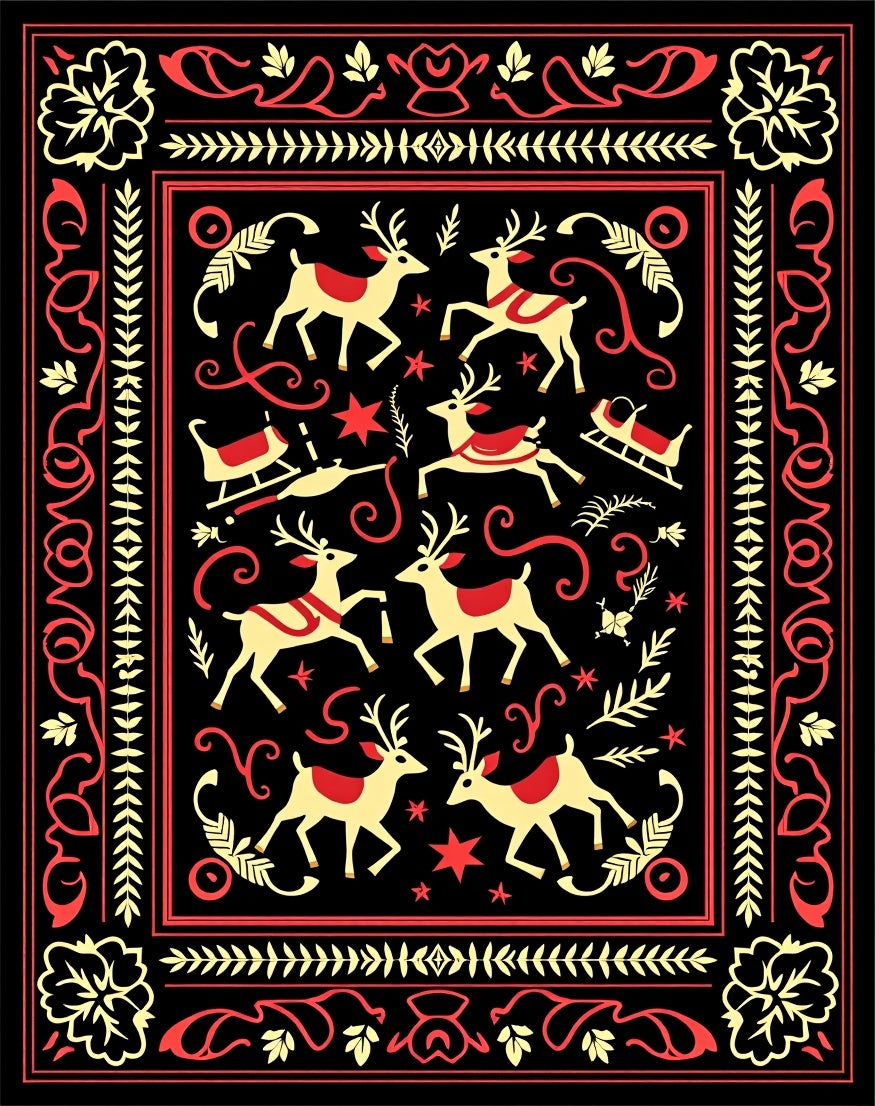 Crimson Deer Sleigh Folk Art Rug