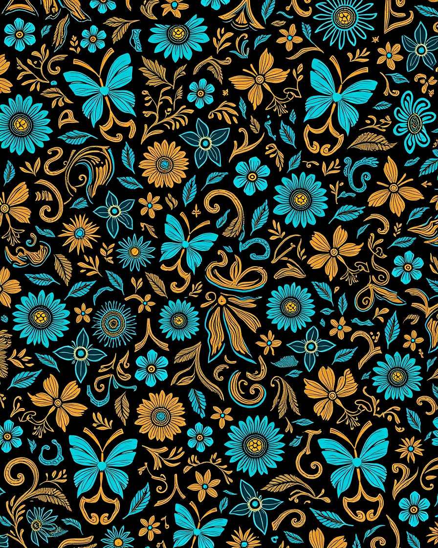 Aqua Orange Butterfly Floral Whirls Rug