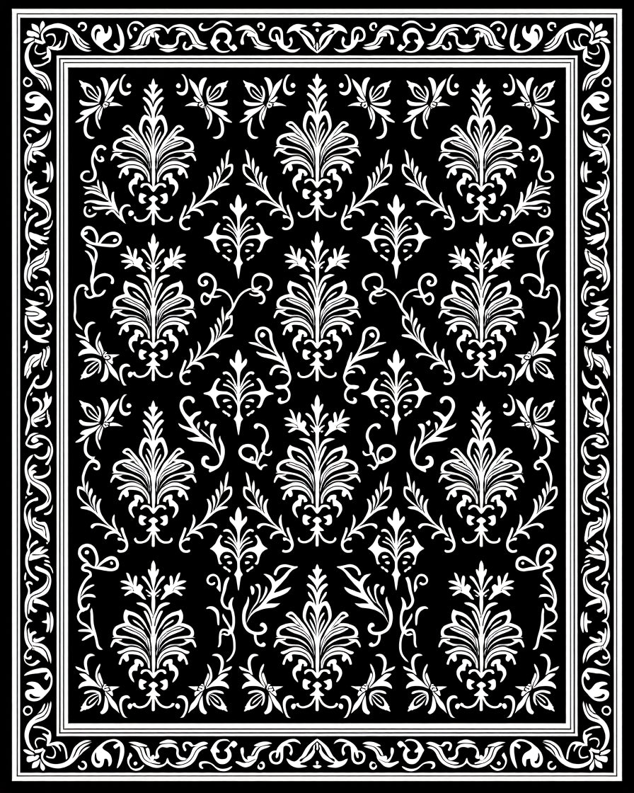 Black White Damask Floral Pattern Rug