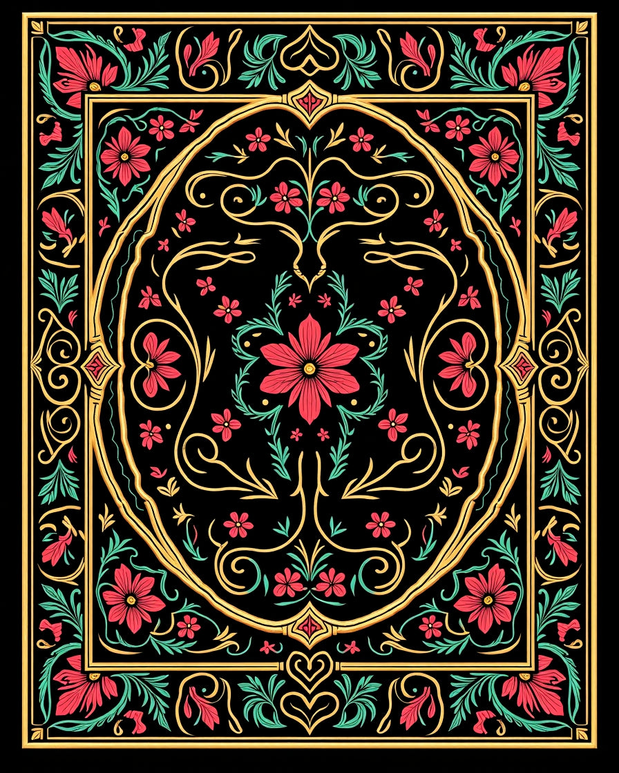 Ornate Floral Vines Black Rug