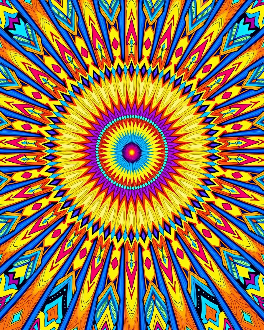 Bright Psychedelic Sunburst Mandala Pattern Rug